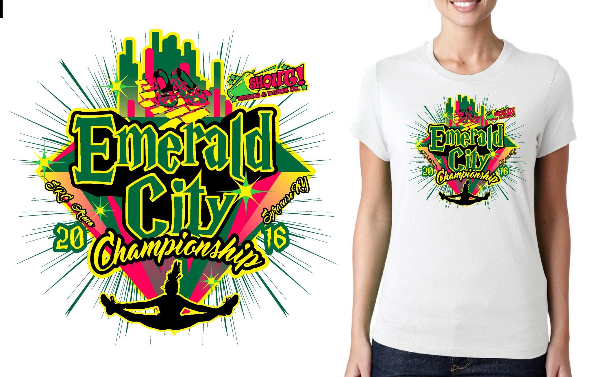 Best cool looking cheer vector logo design for tshirt, 2016 Emerald City Championship