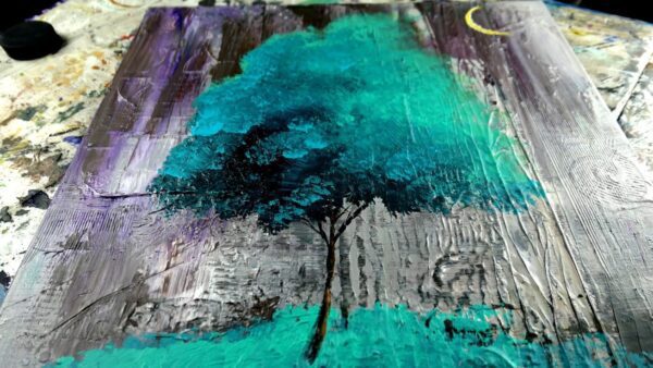 Original abstract painting of teal tree - PRAISE OF VIRTUE - by Dranitsin