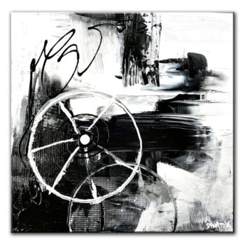 THE WHEEL OF PROGRESS, BLACK WHITE, ABSTRACT PAINTING