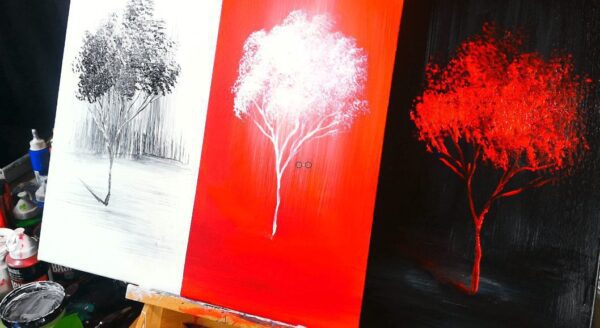 3 color channels landscape abstract painting techniques, painting - black, red, and white trees