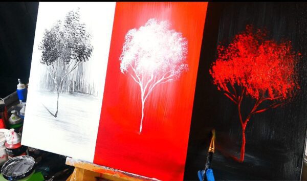 3 color channels landscape abstract painting techniques, painting black, red, and white trees