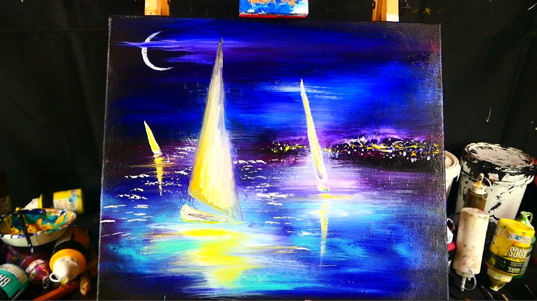 3 magical sailboats drifting at night and distant city lights in the background painting