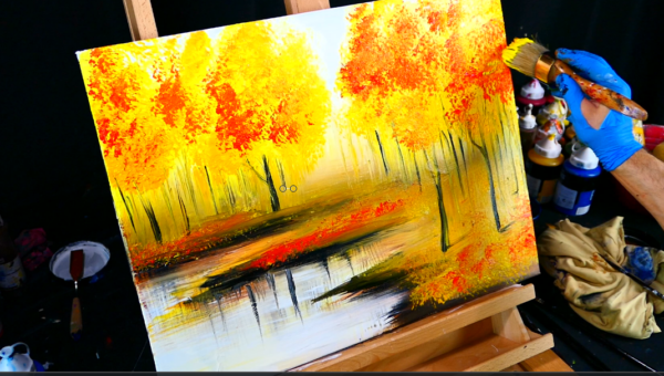 In this art video I will create beautiful fall season landscape painting. This landscape painting will be composed of yellow, red, orange autumn leaves on elegant trees, reflective lake and shorelines.