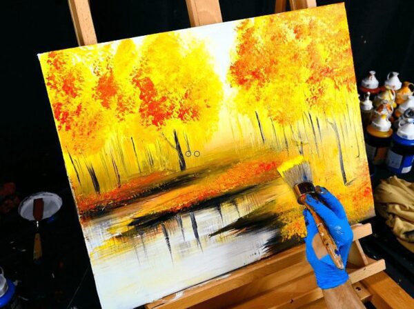 A Fall season landscape painting by Peter Dranitsin autumn leaves, trees, lake