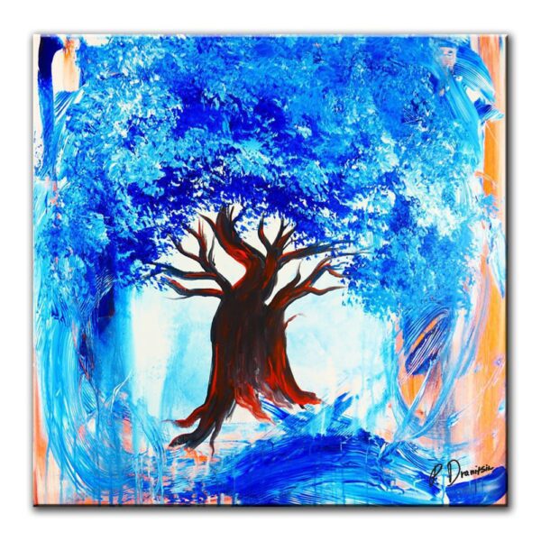 PAINTING OF A BLUE TREE WITH ABSTRACT BACKGROUND ON LARGE CANVAS