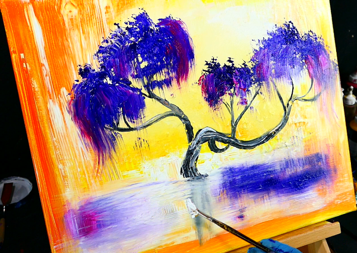 New painting video lesson coming up in the next 30 minutes – Weeping Willow tree painting on bright abstract background – wood grain tool, fan brush, round brush