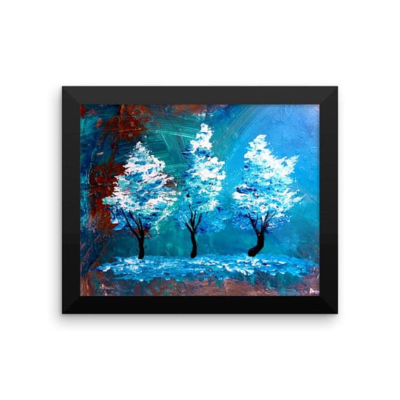 Framed, high quality print abstract landscape painting – white trees on blue abstract background – available on Etsy