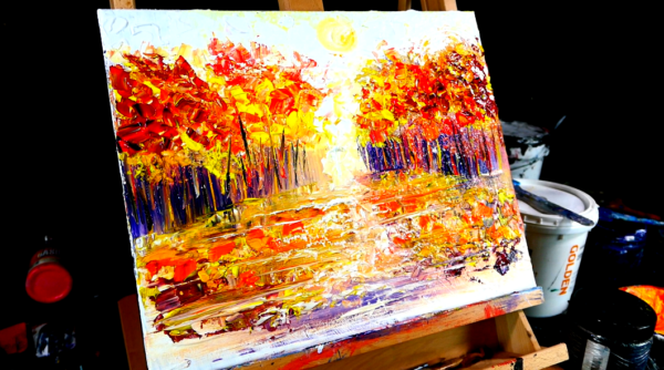 Painting autumn with brush and pallet knife step by step simple painting tutorial