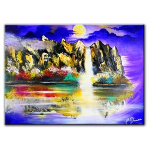 waterfall, mountains, purple sky, water reflection, magical painting