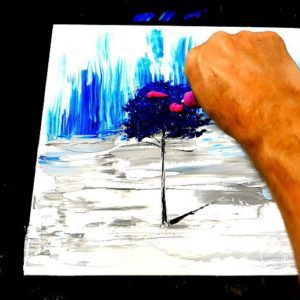 Simple painting blue tree, acrylic paint, pallet knife, round brush, fan brush (3)