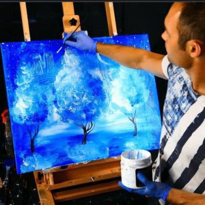 Step by step abstract landscape painting 3 blue trees, acrylic paint, round brush