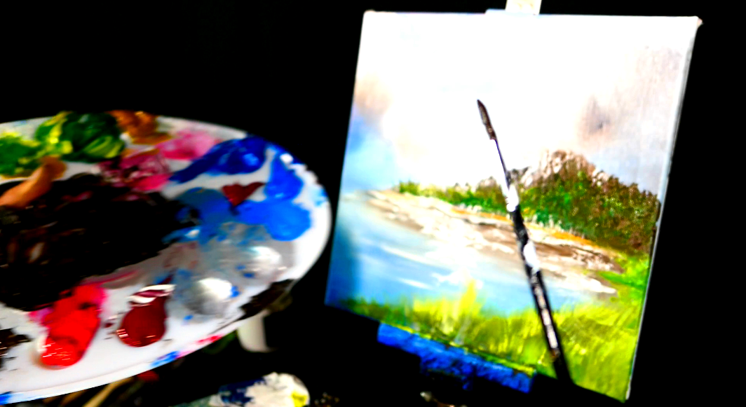 Painting beautiful mountain and ocean scene with acrylic paint, glazing gloss medium