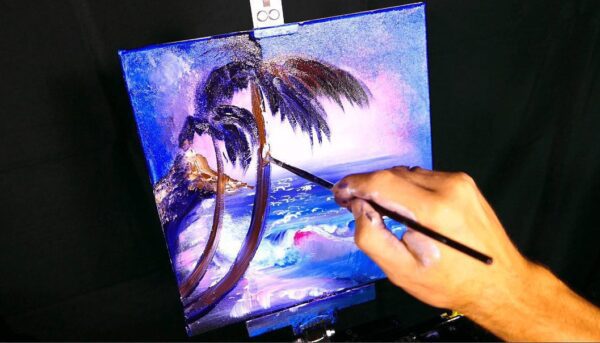 Painting palm trees, dormant volcano, beach, ocean, moon acrylic paint glazing medium