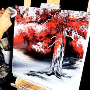 red on black oak tree abstract painting video demo by Dranitsin
