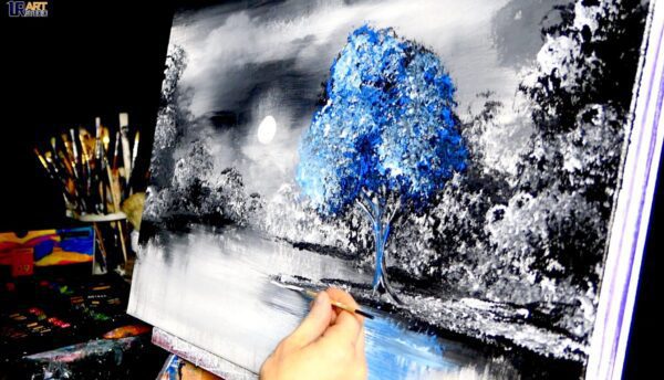 SLOW MOTION - "No One Else" - blue tree, acrylic, abstract, landscape painting by Dranitsin