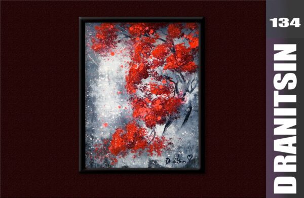 UNIQUE painting approach - REUSING old canvas - RED TREES, ABSTRACT, LANDSCAPE, OVAL BRUSH, 134