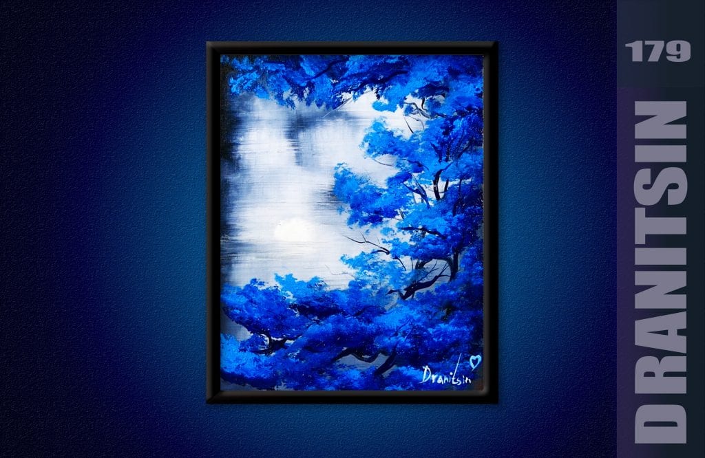 Blue Tree - Oval Brush Painting Techniques, abstract landscape, 179