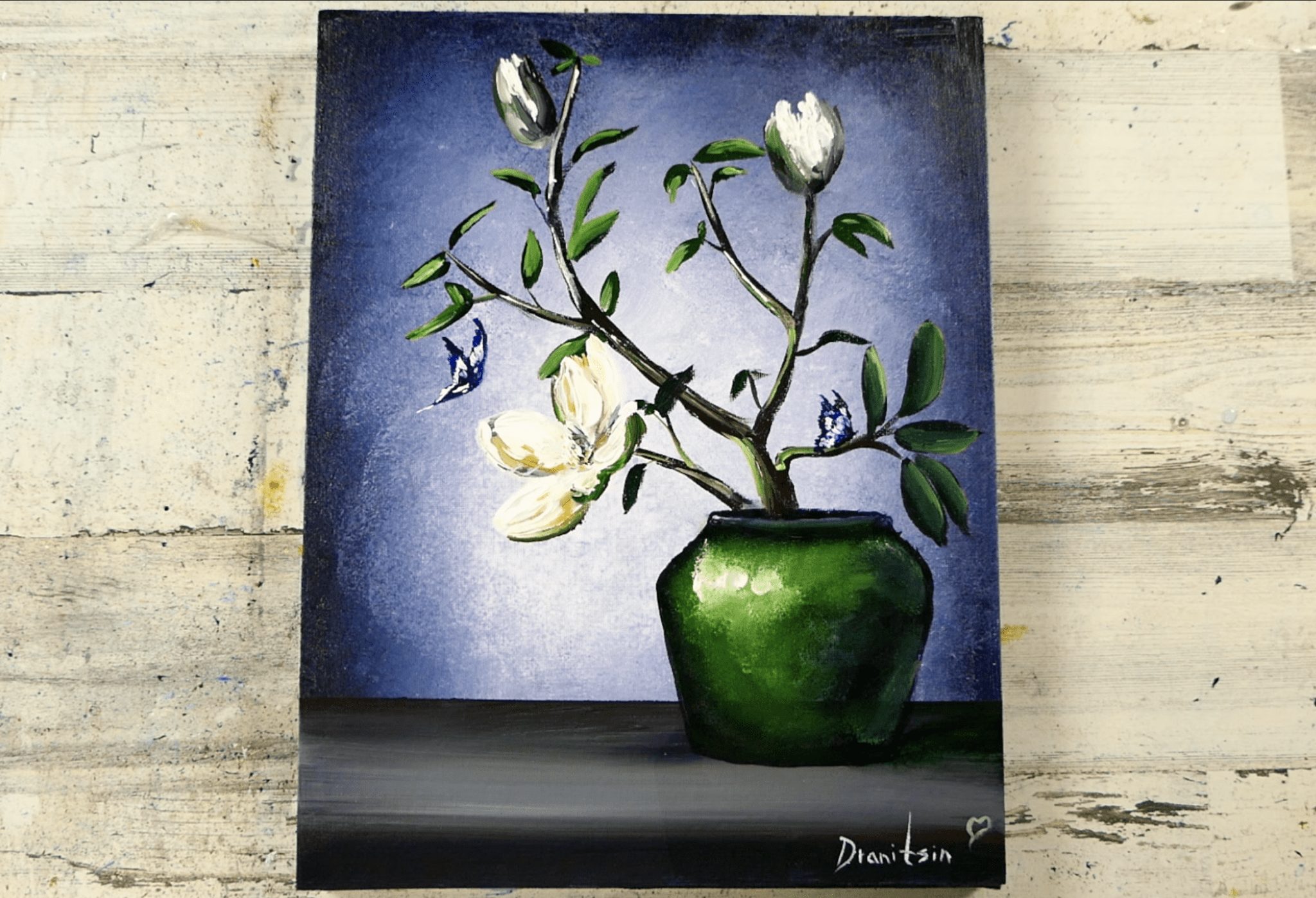 How to paint Beautiful Flowers in Green Pot / Acrylic Art / Oval Brush / 200