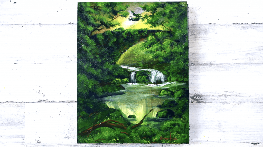 painting waterfall under green bridge by Peter Dranitsin