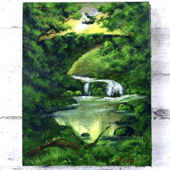 painting waterfall under green bridge by Peter Dranitsin