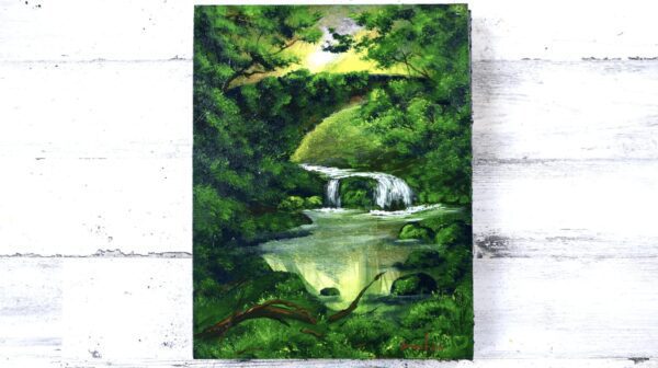 painting waterfall under green bridge by Peter Dranitsin