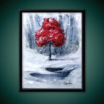 red tree on white snow painting by Peter Dranitsin, acrylics on canvas, abstract art