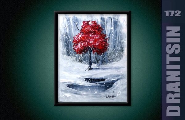 red tree on white snow painting by Peter Dranitsin, acrylics on canvas, abstract art