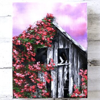 Old Barn in Red Wild Roses acrylic painting by Dranitsin