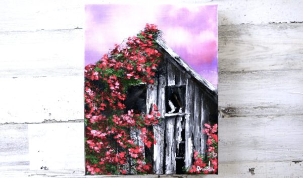 Old Barn in Red Wild Roses acrylic painting by Dranitsin