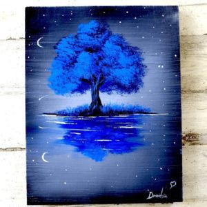 BLUE TREE AT NIGHT, ACRYLIC PAINTING, UNIQUE ART, ABSTRACT PAINTING BLACK AND WHITE BY PETER DRANITSIN