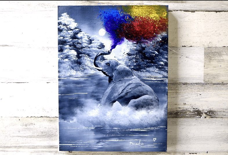 Elephant Spraying Colors | Easy Painting for Beginners | Black and White Abstract Landscape