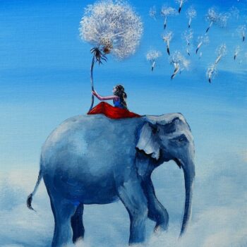 GIRL AND ELEPHANT WALKING ON CLOUDS WITH DENDELION FLOWER BLOWING IN THE WIND BY PETER DRANITSIN ABSTRACT ART ACRYLIC PAINTING