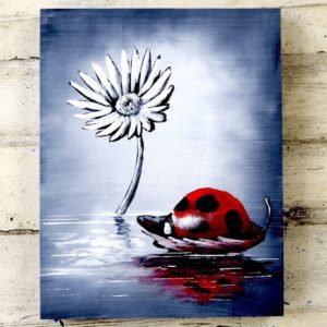 LADY BUG, WHITE FLOWER, ACRYLIC PAINTING, ABSTRACT ART, BLACK AND WHITE BY PETER DRANITSIN
