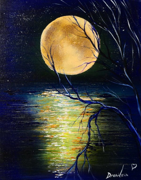 MOON REFLECTION IN WATER, ACRYLIC ABSTRACT PAINTING BY PETER DRANITSIN, ABSTRACT ART