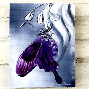 PURPLE BUTTRERFLY, ABSTRACT ART, UNIQUE PAINTING, DRANITSIN, BLACK AND WHITE