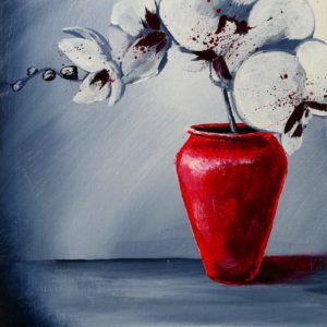 RED VASE AND WHITE ORCHID FLOWERS BY PETER DRANITSIN, BLACK AND WHITE ABSTRACT BACKGROUND, ACRYLIC UNIQUE PAINTING