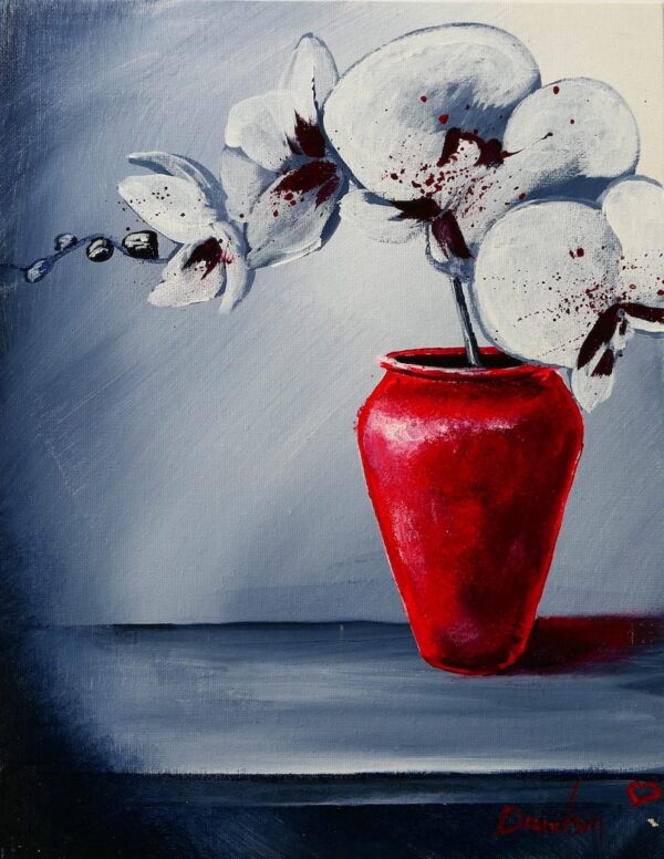 RED VASE AND WHITE ORCHID FLOWERS BY PETER DRANITSIN, BLACK AND WHITE ABSTRACT BACKGROUND, ACRYLIC UNIQUE PAINTING