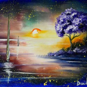 UNIQUE ABSTRACT SEASCAPE PAINTING BY PETER DRANITSIN, ACRYLICS, SUNSET, NIGHT PAINTING