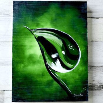 WATER DROPLET, ABSTRACT ART, ABSTRACT PAINTING BY PETER DRANITSIN, GREEN LEAF