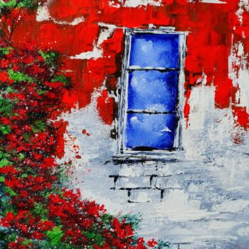 WINDOW AND ROSES, STONE WALL, ACRYLIC ABSTRACT ART BY PETER DRANITSIN