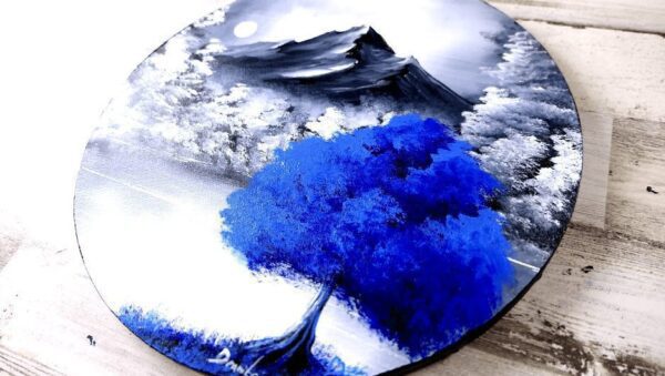 Blue Tree | Easy Painting for Beginners | Abstract | Black and White Landscape | Round Canvas by Peter Dranitsin