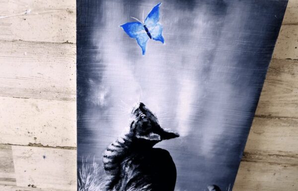 kitten and blue butterfly acrylic painting challenge for beginners black and white abstract