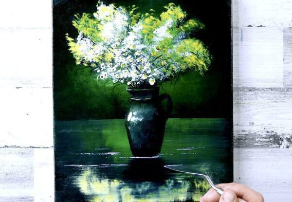 Chamomile flowers in Green Vase | Easy Acrylic Painting for Beginners0