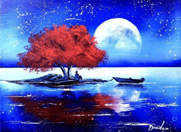 Red Tree at Full Moon | Landscape Painting | Easy for Beginners | Abstract1
