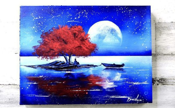 Red Tree at Full Moon | Landscape Painting | Easy for Beginners | Abstract1