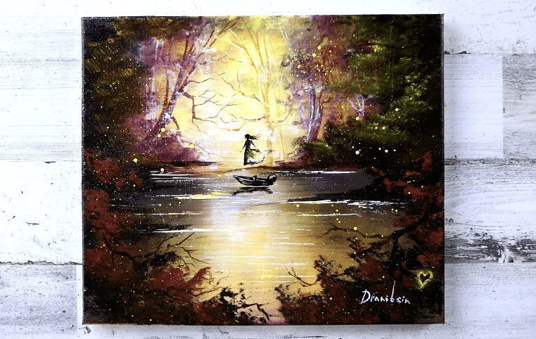 Girl in a magical landscape, acrylic painting, exclusive, peter dranitsin