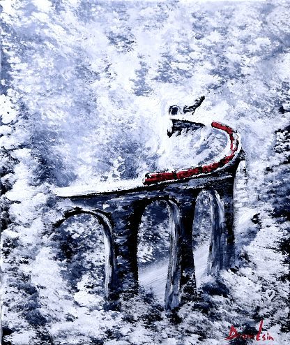 TRAIN in the MOUNTAINS ACRYLIC PAINTING BY PETER DRANITSIN