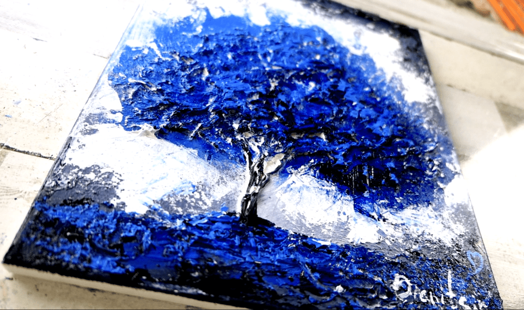 Blue Tree Heavy Texture, Light Molding Paste, Acrylics, Abstract Art, Easy Painting for Beginners, Peter Dranitsin