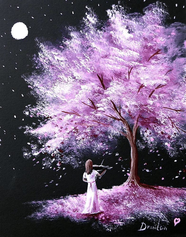 Girl Playing Violin under Blossom Cherry Tree
