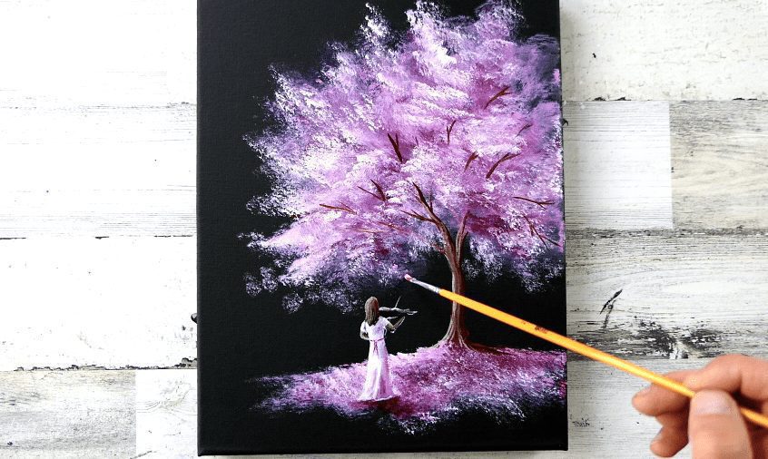 🎨 Girl Playing Violin Under Blossom Cherry Tree on Black Canvas – A Captivating Symphony of Art and Nature 🎻